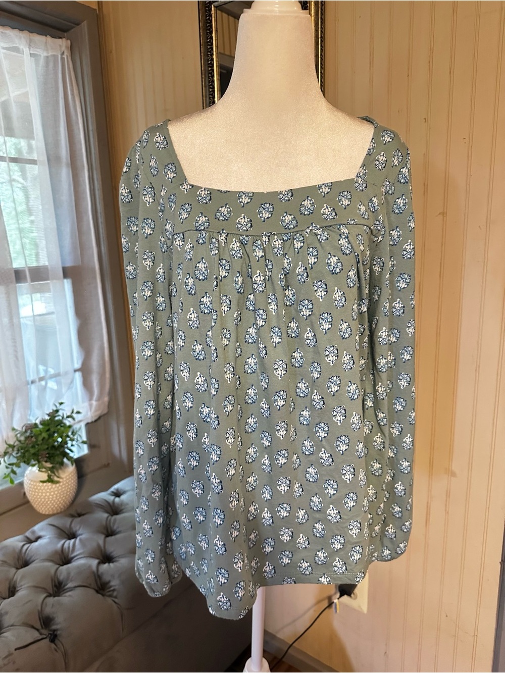 Lucky Brand Olive Green Floral Peasant Top Womens Large Boho Cottagecore